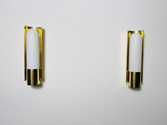 Brass and Opaline Glass Wall Lamps attributed to Glashütte Limburg, 1960s, Set of 2-PUK-2024103