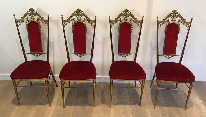 Brass and Red Velvet Chairs, Set of 4-BA-1365427