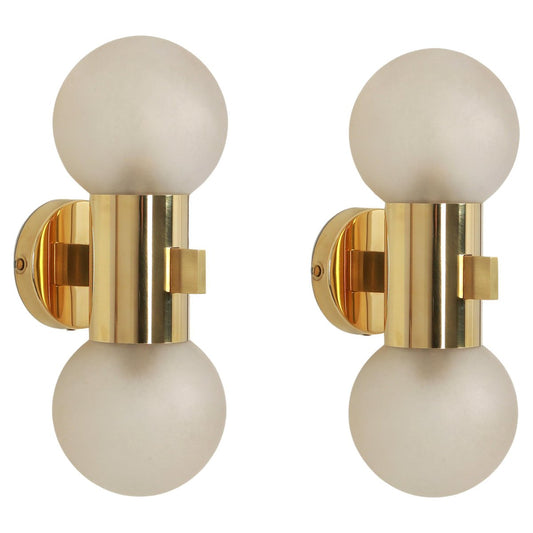 Brass and Satin Glass Sconces in the style of Sciolari, Germany, 1970s, Set of 2