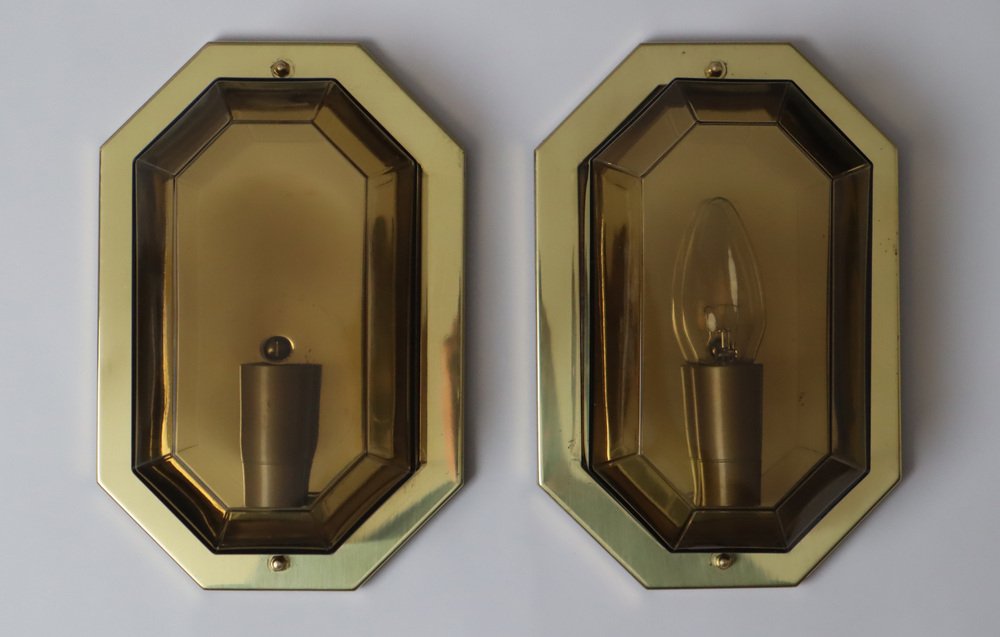 Brass and Smoke Glass Wall Lamp from Limburg Glashütte, 1980s