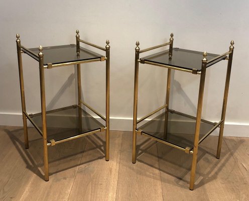 Brass and Smoked Glass Side Tables, 1940s, Set of 2-BA-1377729