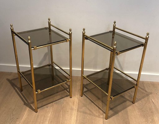 Brass and Smoked Glass Side Tables, 1940s, Set of 2-BA-1377729