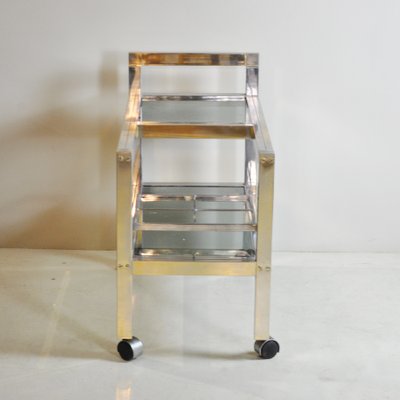 Brass and Steel, Smoked Glass Shelves Liqueurs Bottle Trolley, 1970s-JQO-1143631