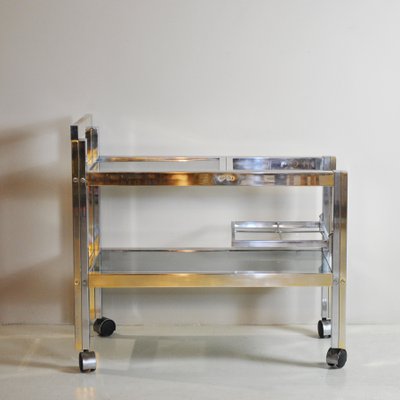 Brass and Steel, Smoked Glass Shelves Liqueurs Bottle Trolley, 1970s-JQO-1143631