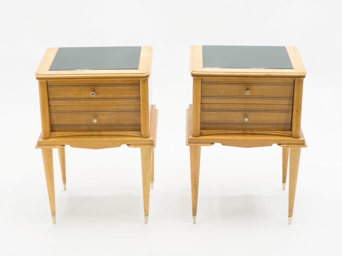 Brass and Sycamore Nightstands Attributed to Suzanne Guiguichon, 1950s, Set of 2