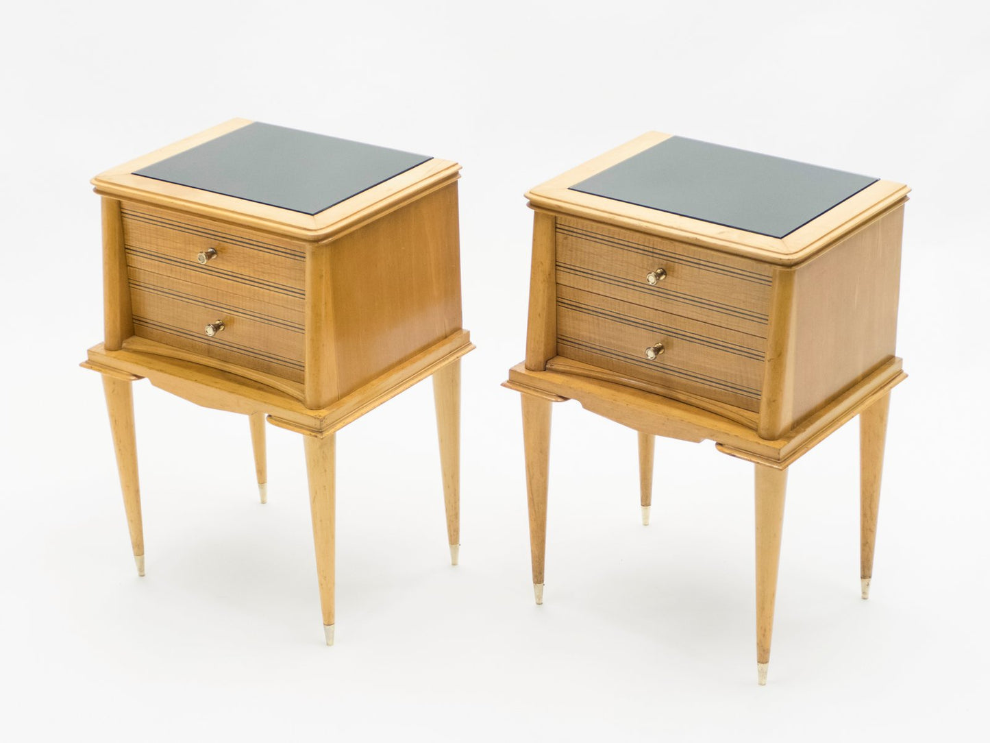 Brass and Sycamore Nightstands Attributed to Suzanne Guiguichon, 1950s, Set of 2