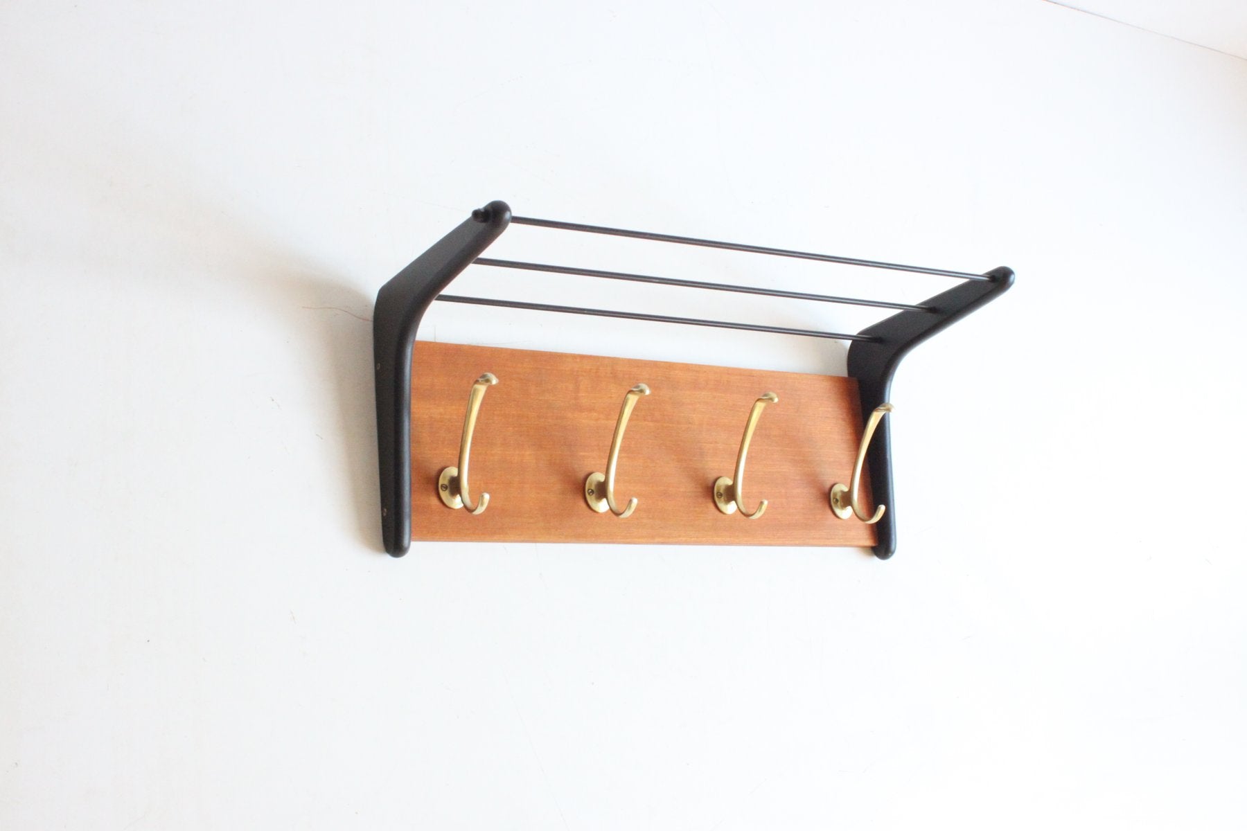 Brass and Teak Boomerang Coat Rack attributed to Alfred Hendrickx for Belform, Belgium, 1950s