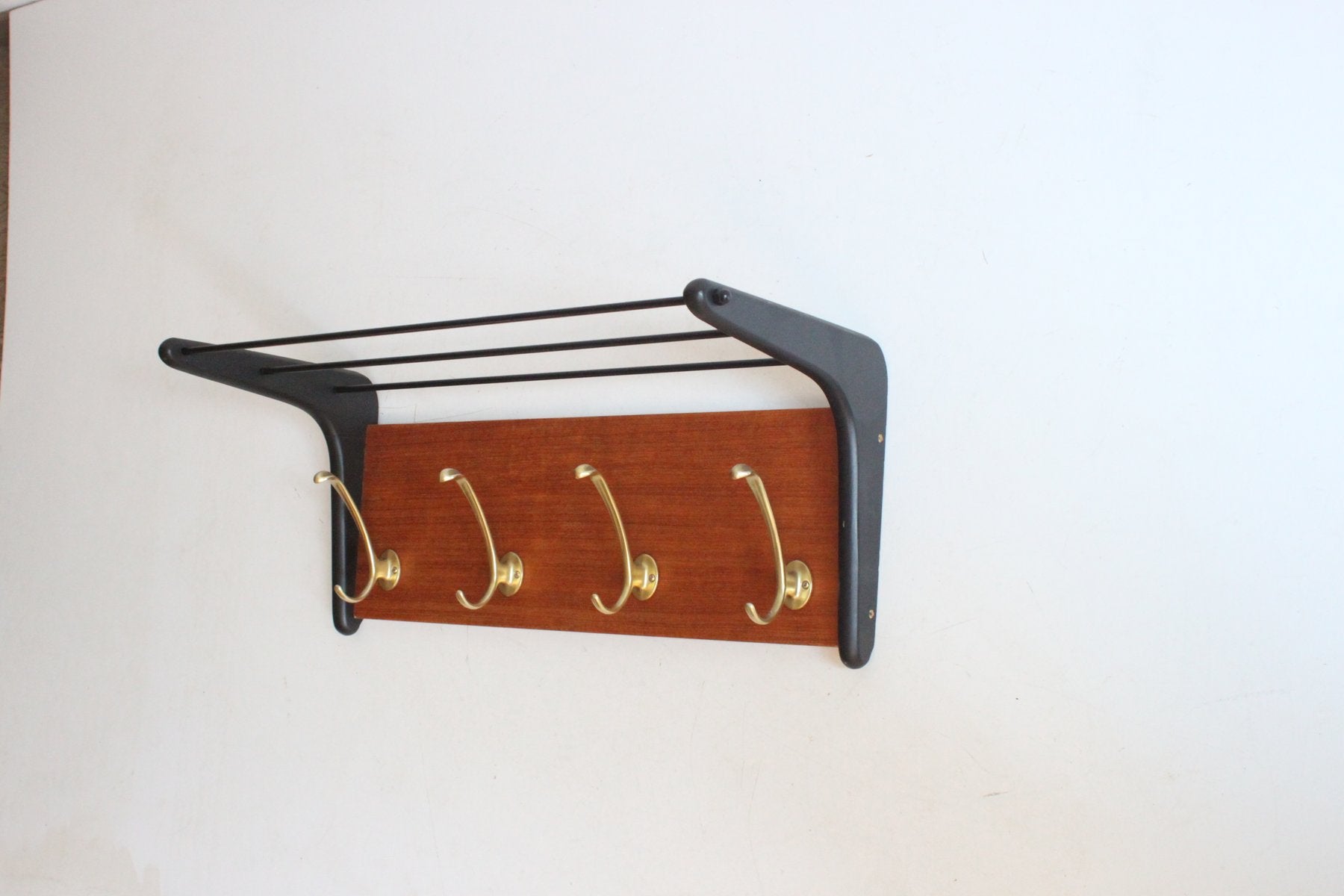 Brass and Teak Boomerang Coat Rack attributed to Alfred Hendrickx for Belform, Belgium, 1950s