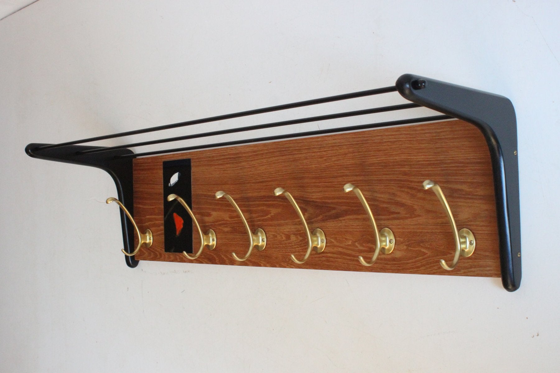 Brass and Teak Boomerang Coat Rack with Tile attributed to Alfred Hendrickx for Belform, Belgium, 1950s