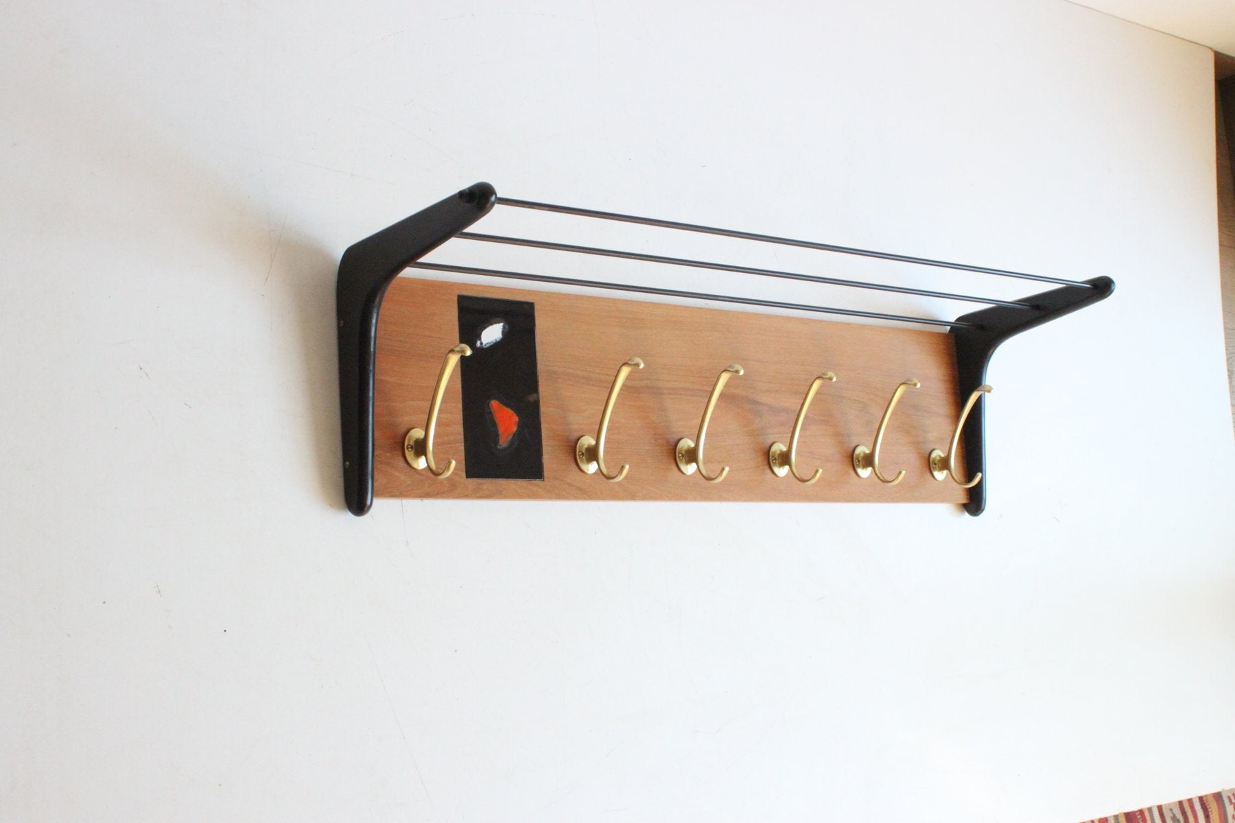 Brass and Teak Boomerang Coat Rack with Tile attributed to Alfred Hendrickx for Belform, Belgium, 1950s