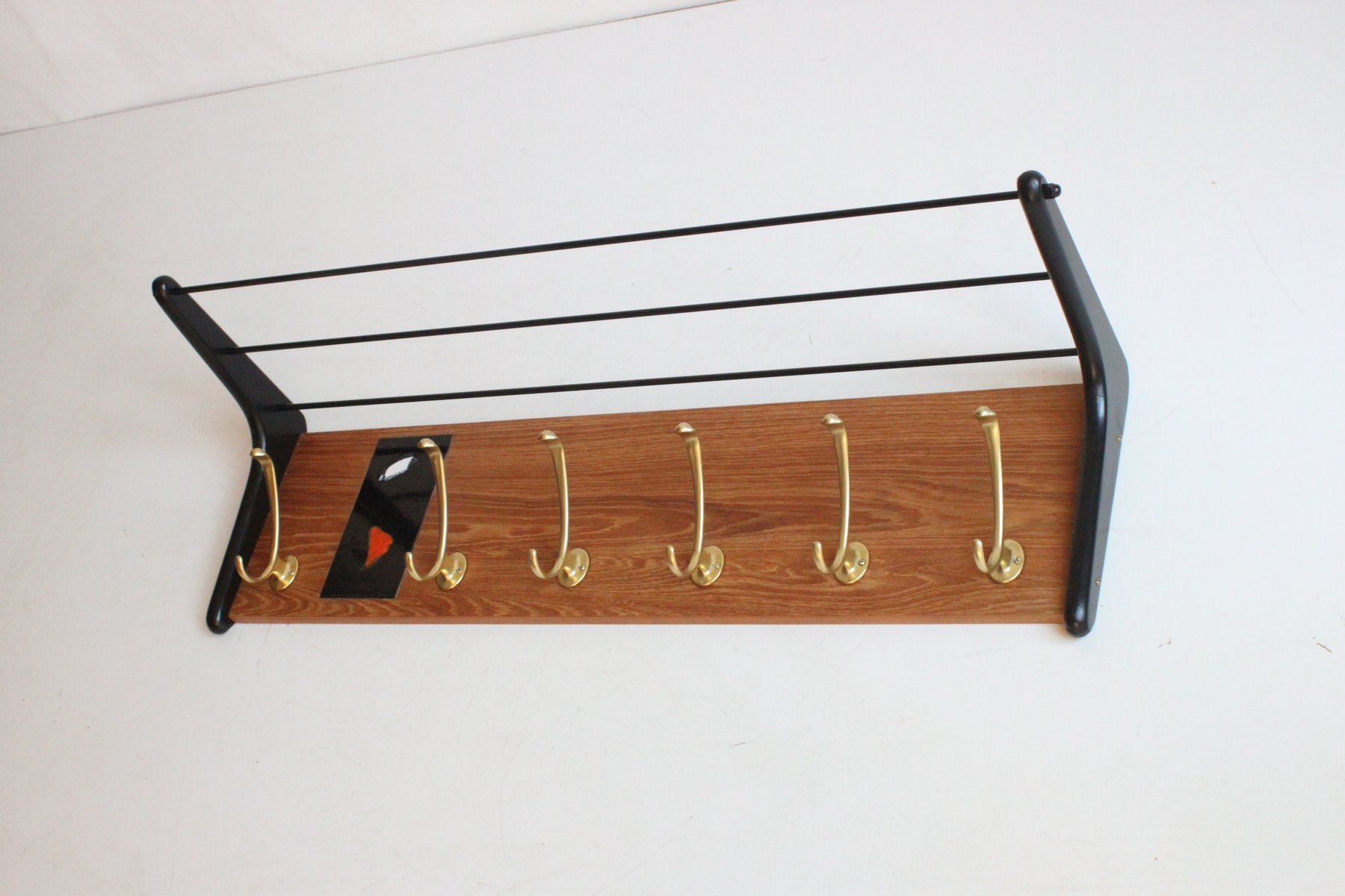 Brass and Teak Boomerang Coat Rack with Tile attributed to Alfred Hendrickx for Belform, Belgium, 1950s