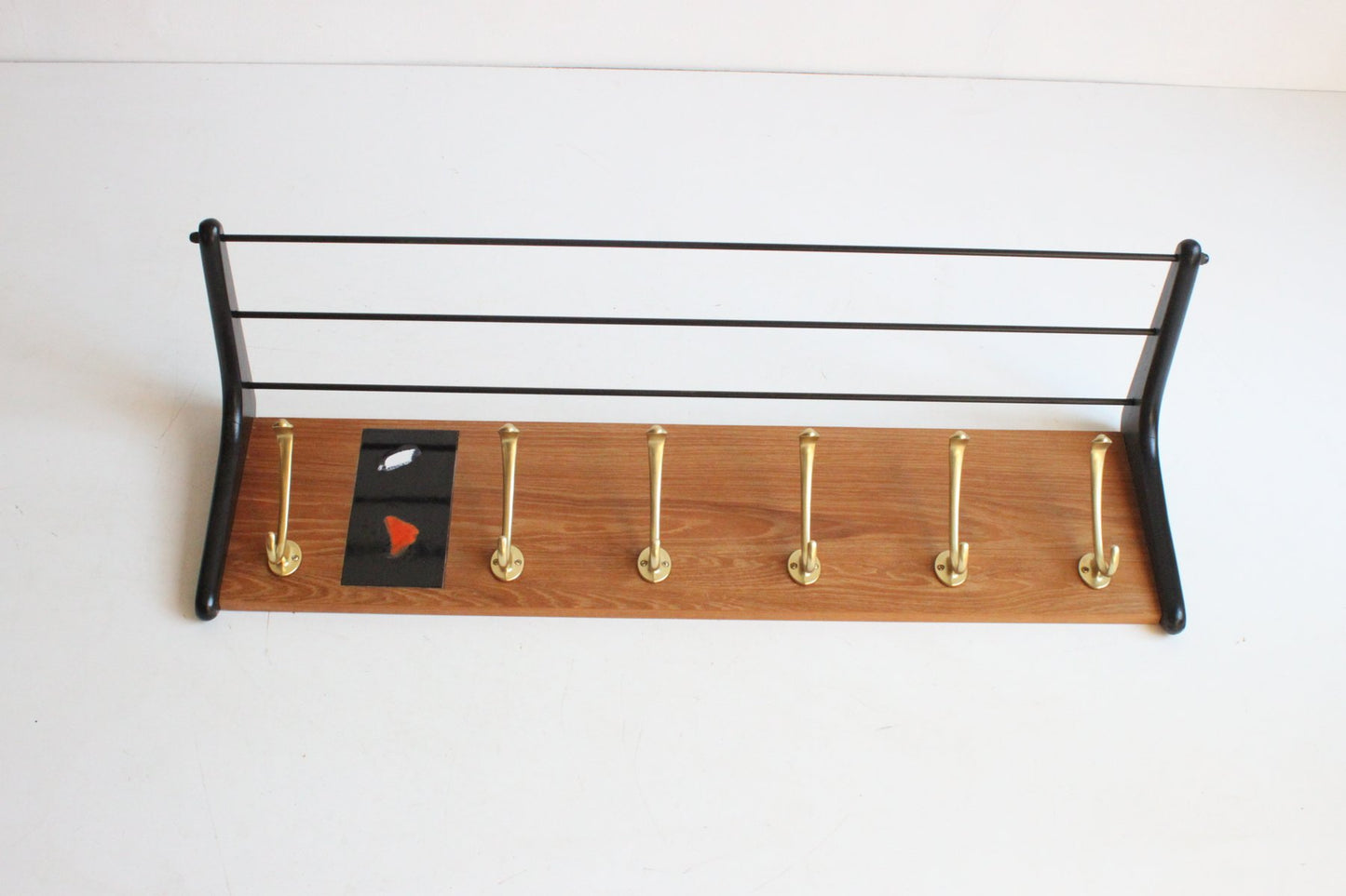 Brass and Teak Boomerang Coat Rack with Tile attributed to Alfred Hendrickx for Belform, Belgium, 1950s