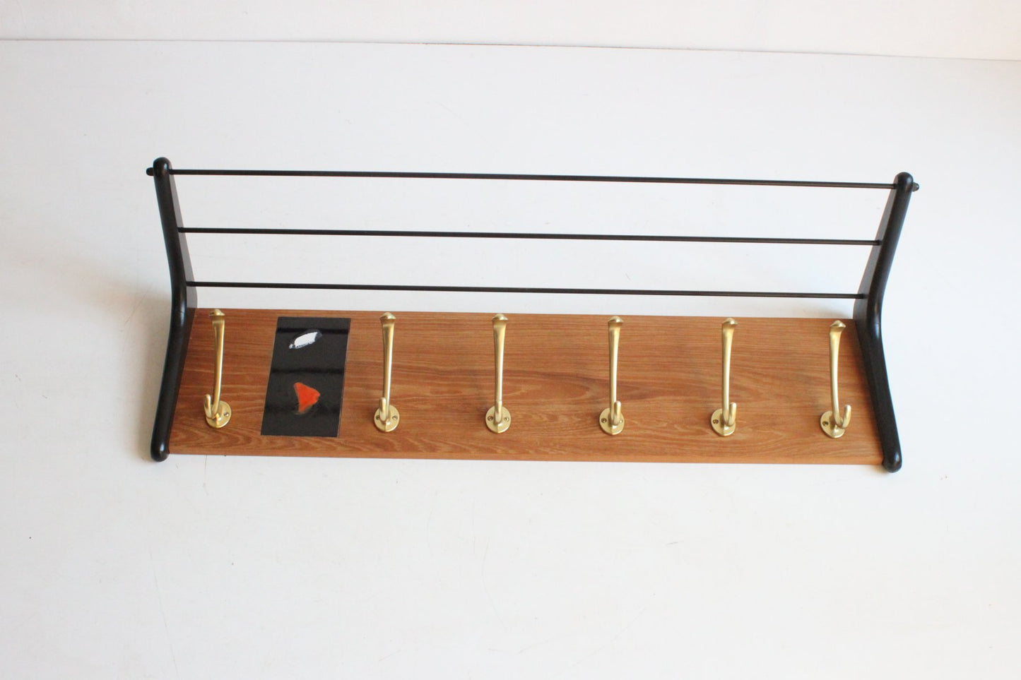 Brass and Teak Boomerang Coat Rack with Tile attributed to Alfred Hendrickx for Belform, Belgium, 1950s