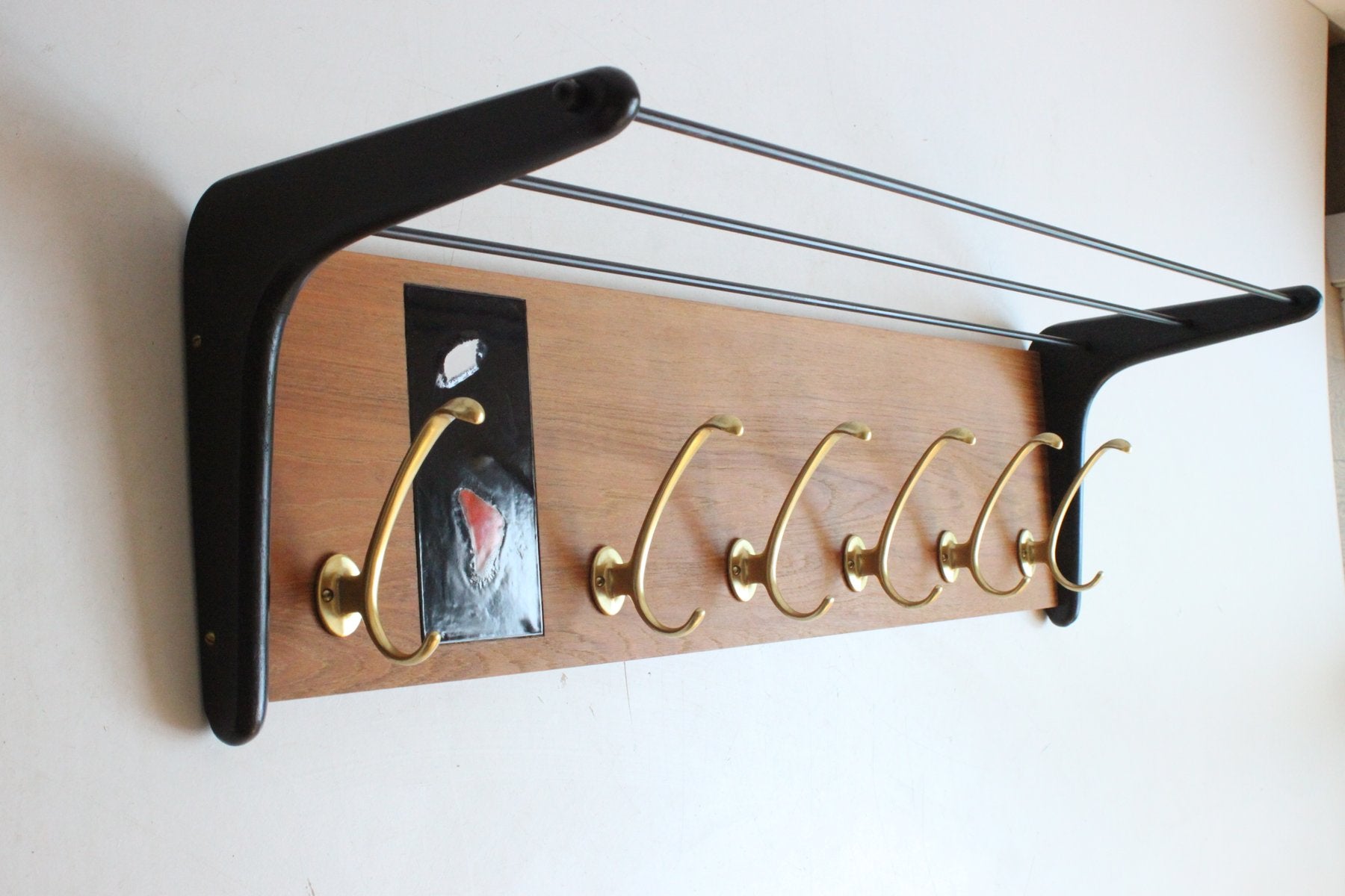 Brass and Teak Boomerang Coat Rack with Tile attributed to Alfred Hendrickx for Belform, Belgium, 1950s