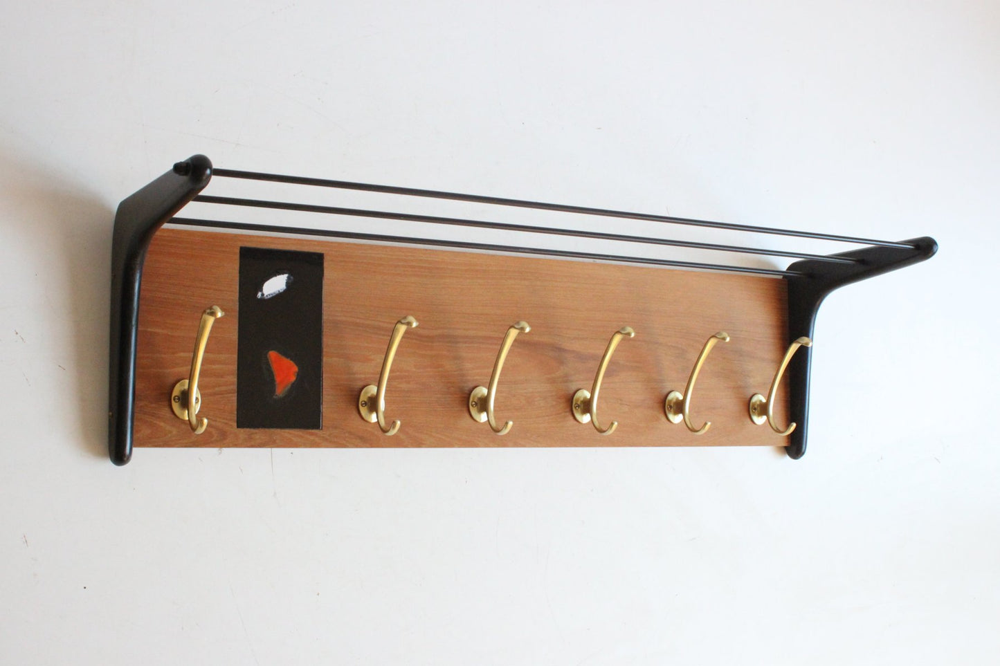 Brass and Teak Boomerang Coat Rack with Tile attributed to Alfred Hendrickx for Belform, Belgium, 1950s