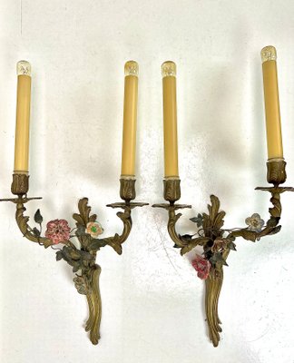 Brass and Tole Floral Wall Sconces, France, 1940s, Set of 2-WZZ-1436306