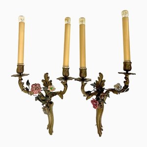 Brass and Tole Floral Wall Sconces, France, 1940s, Set of 2-WZZ-1436306