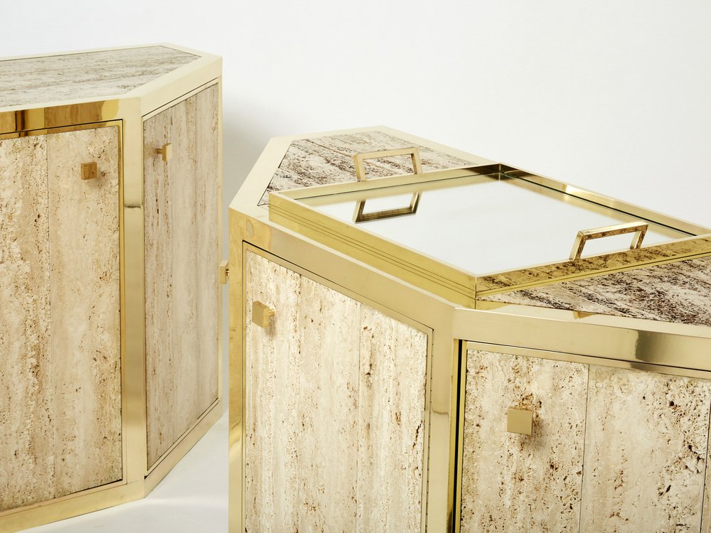 Brass and Travertine Cabinets by Alfredo Freda, 1975, Set of 2