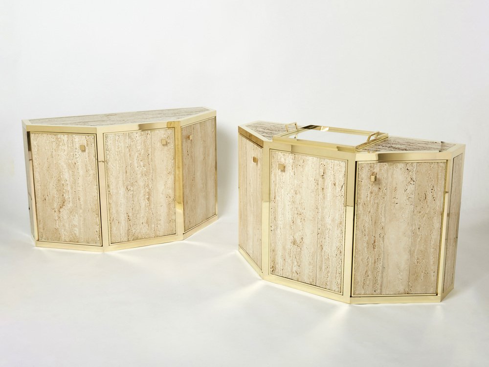 Brass and Travertine Cabinets by Alfredo Freda, 1975, Set of 2