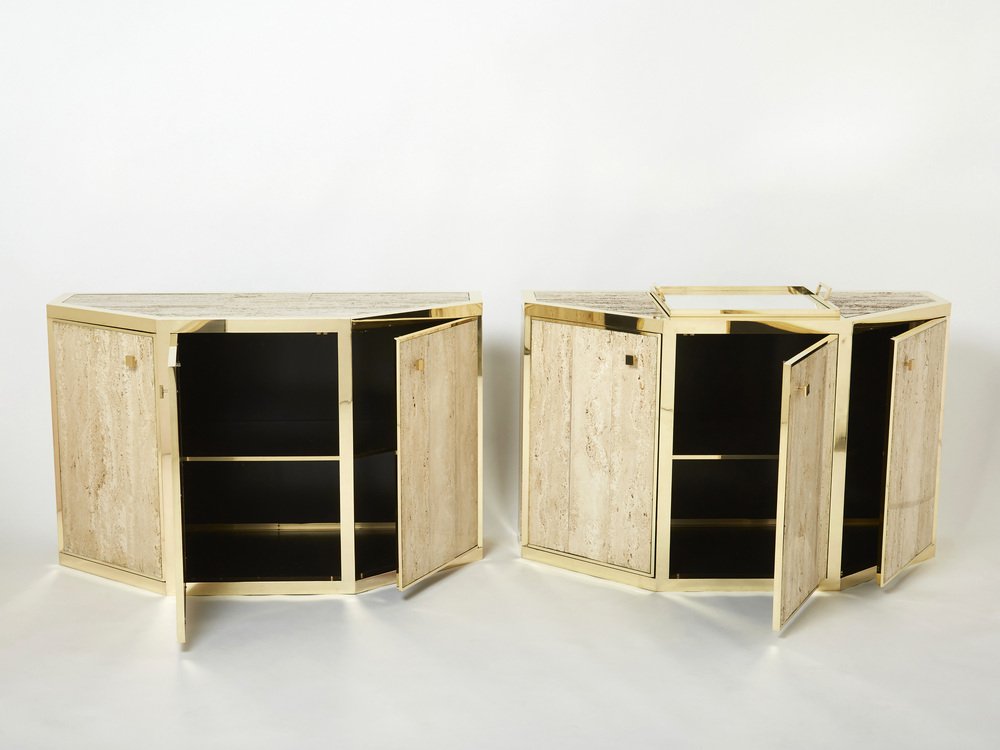 Brass and Travertine Cabinets by Alfredo Freda, 1975, Set of 2