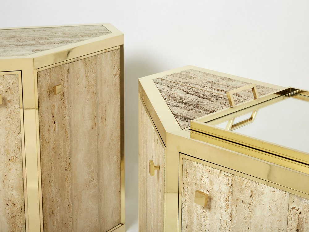 Brass and Travertine Cabinets by Alfredo Freda, 1975, Set of 2