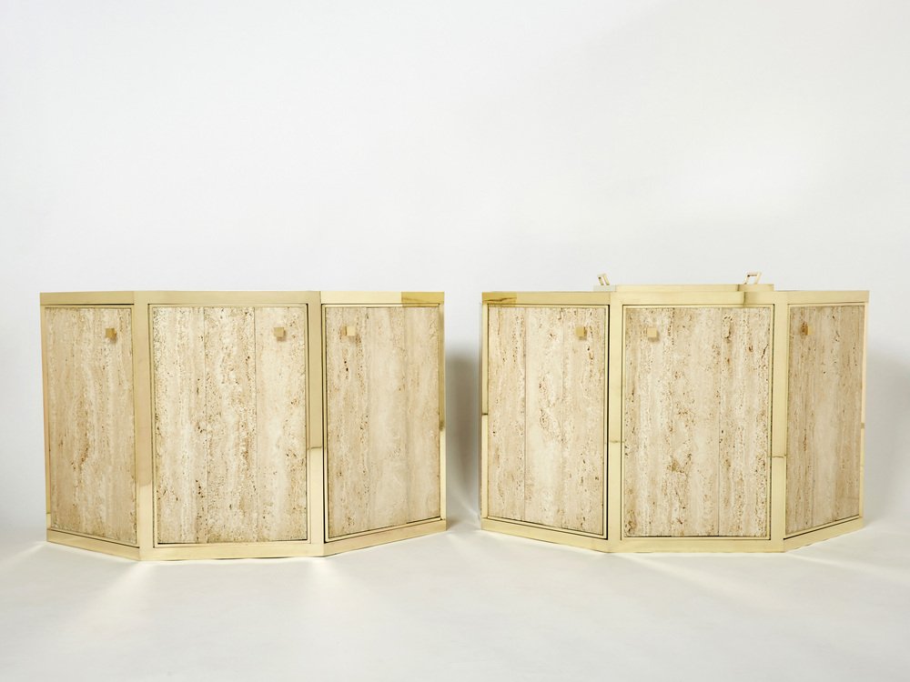 Brass and Travertine Cabinets by Alfredo Freda, 1975, Set of 2