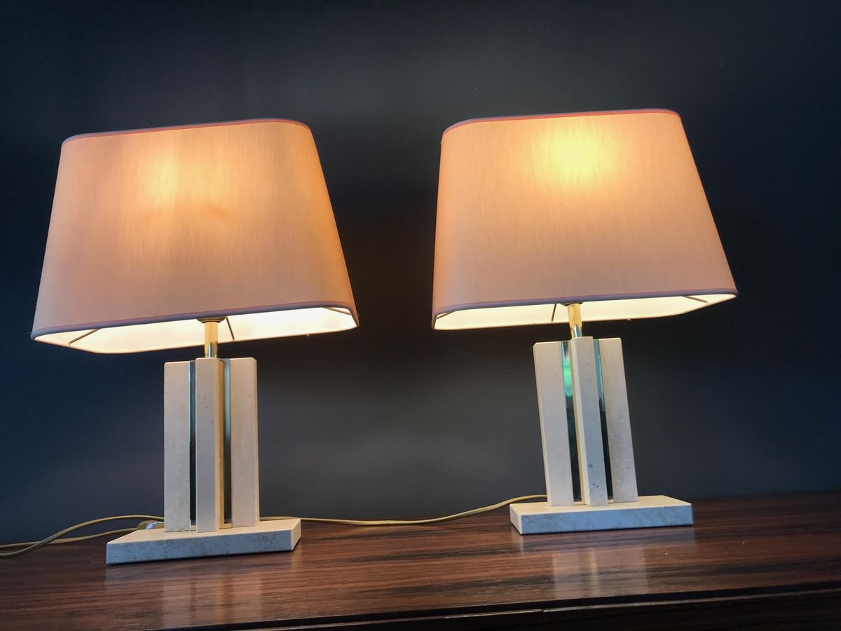 Brass and Travertine Table Lamps, 1970s, Set of 2