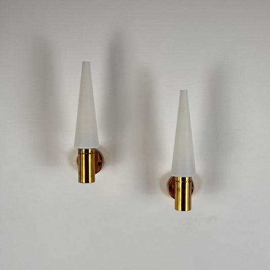 Brass and White Opaline Glass Wall Lights from Hans-Agne Jakobsson Ab Markaryd, Sweden, 1960s, Set of 2