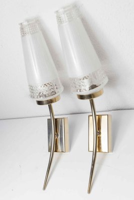 Brass and White Transparent Glass Sconces, 1960s, Set of 2-VQY-778058