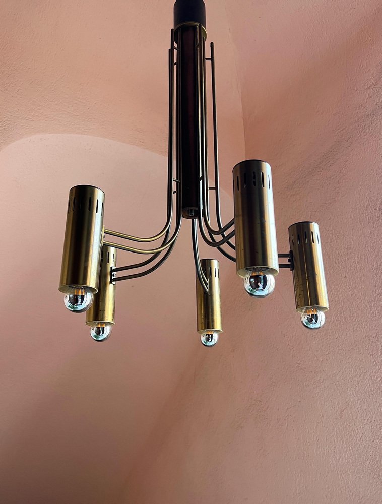 Brass and Wood Flush Mount Chandelier by Angelo Brotto for Esperia, Italy, 1970s