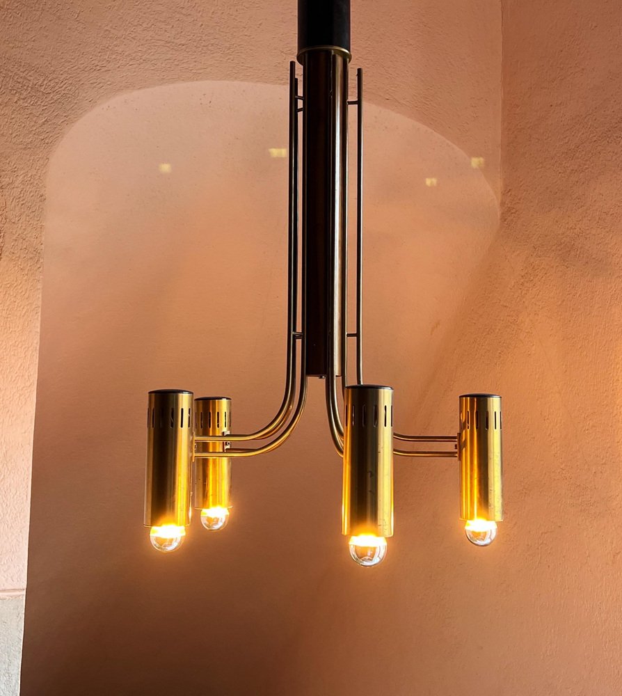 Brass and Wood Flush Mount Chandelier by Angelo Brotto for Esperia, Italy, 1970s