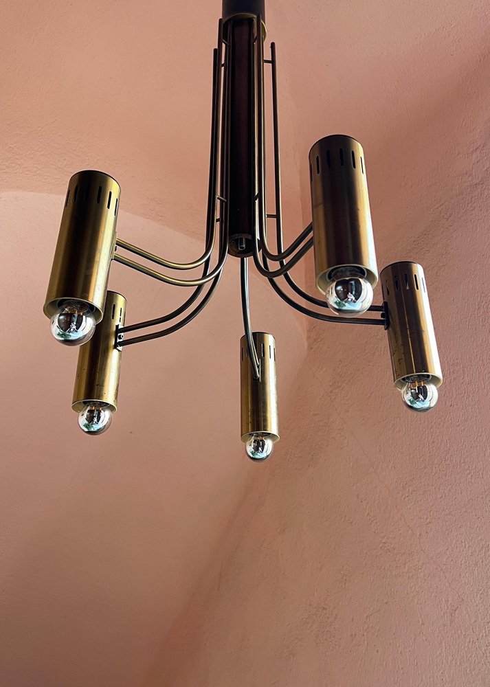 Brass and Wood Flush Mount Chandelier by Angelo Brotto for Esperia, Italy, 1970s