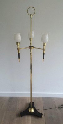 Brass and Wood Parquet Floor Lamp, 1970s-BA-1365613