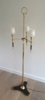 Brass and Wood Parquet Floor Lamp, 1970s-BA-1365613