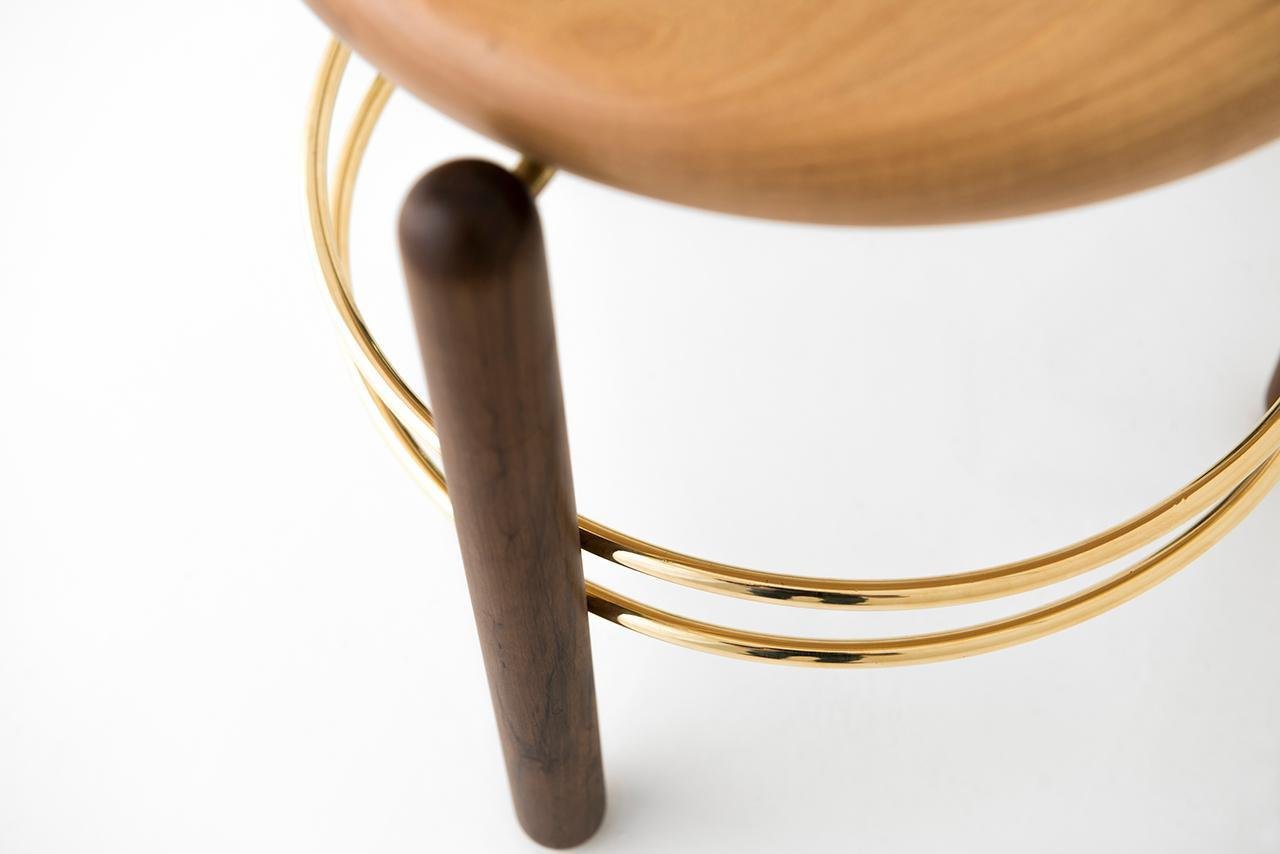 Brass and Wood Sculpted Stool, Leandro Garcia, Contemporary Brazil Design