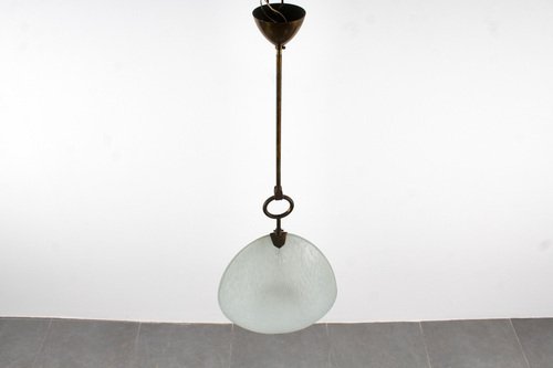 Brass and Worked Glass Suspension Lamp by Max Ingrand for Fontana Arte, Italy, 1940s