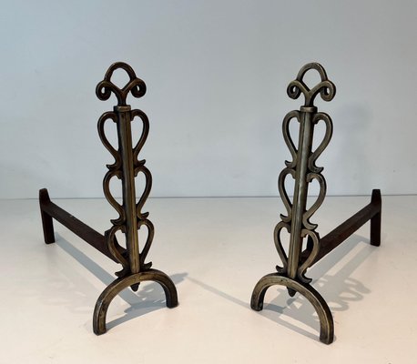 Brass and Wrought Iron Chenets in the style of Raymond Subes, 1940s, Set of 2-BA-1787267