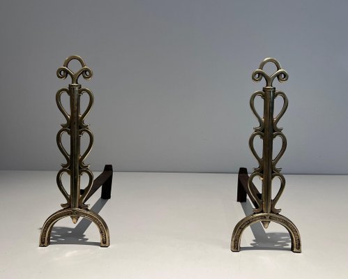 Brass and Wrought Iron Chenets in the style of Raymond Subes, 1940s, Set of 2-BA-1516227