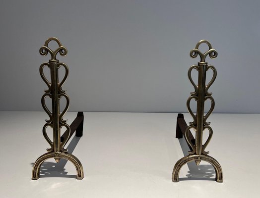 Brass and Wrought Iron Chenets in the style of Raymond Subes, 1940s, Set of 2-BA-1516227