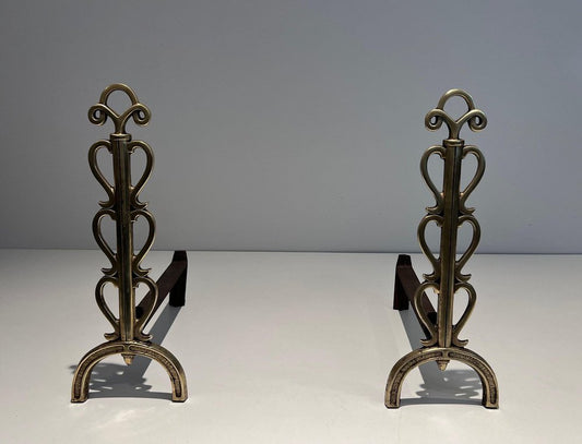 Brass and Wrought Iron Chenets in the style of Raymond Subes, 1940s, Set of 2