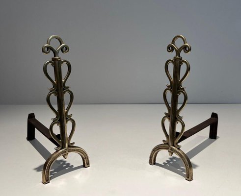 Brass and Wrought Iron Chenets in the style of Raymond Subes, 1940s, Set of 2-BA-1516227