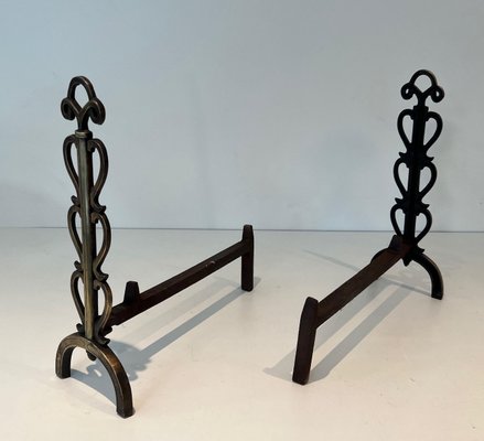 Brass and Wrought Iron Chenets in the style of Raymond Subes, 1940s, Set of 2-BA-1787267