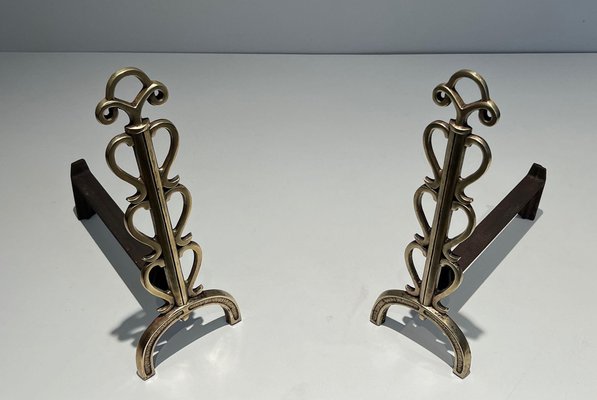 Brass and Wrought Iron Chenets in the style of Raymond Subes, 1940s, Set of 2-BA-1516227