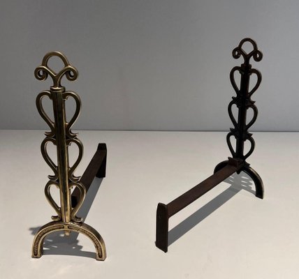 Brass and Wrought Iron Chenets in the style of Raymond Subes, 1940s, Set of 2-BA-1516227