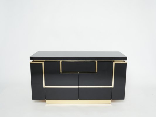 Brass Black Lacquered Sideboard Bar Cabinet by Jean Claude Mahey for Roche Bobois, 1970s-YJA-1071248