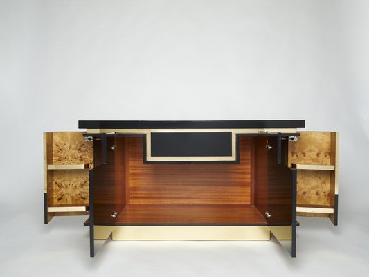 Brass Black Lacquered Sideboard Bar Cabinet by Jean Claude Mahey for Roche Bobois, 1970s-YJA-1071248