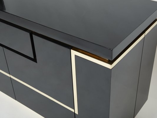 Brass Black Lacquered Sideboard Bar Cabinet by Jean Claude Mahey for Roche Bobois, 1970s-YJA-1071248