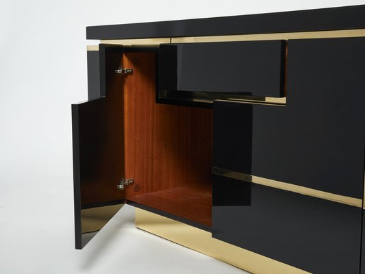 Brass Black Lacquered Sideboard Bar Cabinet by Jean Claude Mahey for Roche Bobois, 1970s-YJA-1071248