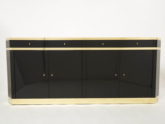 Brass & Black Lacquered Sideboard by Jean Claude Mahey for Maison Roméo, 1970s