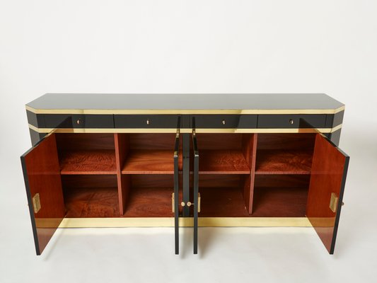 Brass & Black Lacquered Sideboard by Jean Claude Mahey for Maison Roméo, 1970s-YJA-1072887